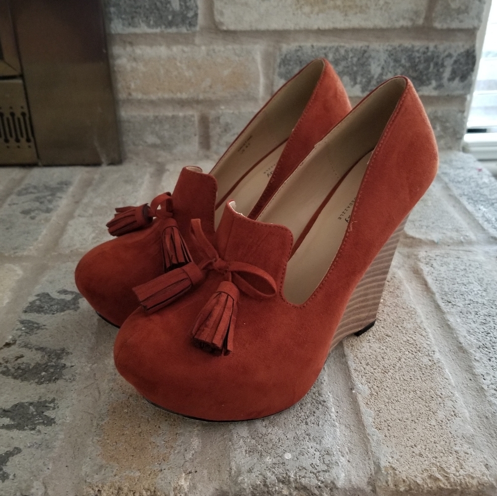 Elizabeth Brady Orange Suede Wedge Heels